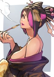 Rule 34 | 1girl, absurdres, ap cammy, bare shoulders, black kimono, breasts, capcom, green nails, hair over eyes, han juri, highres, japanese clothes, kimono, large breasts, looking at viewer, multicolored hair, purple lips, simple background, smoking pipe, solo, street fighter