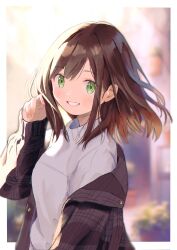 Rule 34 | 1girl, adjusting hair, black jacket, blurry, blurry background, border, brown background, clenched teeth, cyan (sasukeone3), day, green eyes, grin, hand up, highres, jacket, light blush, long sleeves, looking at viewer, medium hair, original, outdoors, outside border, plaid, plaid jacket, plant, potted plant, sidelocks, smile, solo, sunlight, sweater, teeth, turtleneck, turtleneck sweater, upper body, white border, white sweater