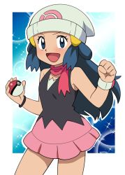 Rule 34 | 1girl, :d, beanie, blue eyes, blue hair, blush, bracelet, commentary request, cowboy shot, creatures (company), dawn (pokemon), eyelashes, game freak, hands up, hat, holding, holding poke ball, jewelry, long hair, looking at viewer, nintendo, open mouth, outline, pink shirt, poke ball, poke ball (basic), pokemon, pokemon (anime), pokemon dppt (anime), shirt, sleeveless, sleeveless shirt, smile, solo, tongue, w arms, white hat, yume yoroi