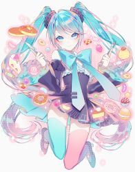 Rule 34 | 1055, 1girl, aqua bow, aqua bowtie, aqua eyes, aqua hair, aqua thighhighs, asymmetrical legwear, black dress, bow, bowtie, cake, cake slice, candy, checkerboard cookie, closed mouth, cookie, cupcake, detached sleeves, doughnut, dress, food, fork, fruit, full body, grey background, hair between eyes, hatsune miku, highres, holding, holding fork, holding knife, jelly bean, jumping, knife, long hair, long sleeves, looking at viewer, mismatched legwear, pancake, pink thighhighs, polka dot, puffy sleeves, shoes, short dress, skindentation, smile, solo, souffle pancake, sparkle, strawberry, strawberry shortcake, thighhighs, thumbprint cookie, twintails, very long hair, vocaloid, w arms, wide sleeves, wrapped candy, zettai ryouiki