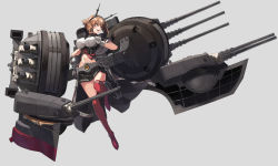 Rule 34 | 1girl, anchor, black jacket, black skirt, breasts, brown hair, capelet, collar, commentary, full body, gloves, green eyes, grey background, headgear, jacket, kantai collection, large breasts, metal belt, metal collar, midriff, miniskirt, mutsu (kancolle), mutsu kai ni (kancolle), navel, open clothes, open jacket, open mouth, pleated skirt, red footwear, red thighhighs, rigging, seven (shijima), short hair, simple background, skirt, solo, striped clothes, striped skirt, striped thighhighs, thighhighs, turret, white gloves