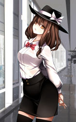 Rule 34 | 1girl, absurdres, arms behind back, black hat, black skirt, black thighhighs, blouse, bow, bowtie, breasts, brown eyes, brown hair, collared shirt, commentary request, cowboy shot, hair bow, hat, hat bow, high-waist skirt, highres, indoors, large breasts, leaning back, looking at viewer, medium hair, photo background, raptor7, red bow, red bowtie, shirt, sidelocks, skirt, solo, standing, stretching, thighhighs, touhou, usami renko, white bow, white shirt, wing collar, zettai ryouiki
