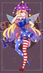 Rule 34 | 1girl, absurdres, american flag dress, american flag legwear, arm behind back, black background, blonde hair, breasts, character name, closed mouth, clownpiece, commentary, dress, fairy wings, full body, highres, large breasts, long hair, looking at viewer, pink eyes, polka dot headwear, purple headwear, short sleeves, smile, solo, star (symbol), star print, striped clothes, striped dress, touhou, transparent wings, wings, zi13591