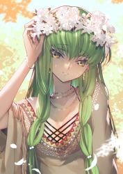 Rule 34 | 1girl, adjusting clothes, adjusting headwear, bracelet, c.c., code geass, creayus, flower, green hair, head wreath, jewelry, long hair, loose clothes, necklace, petals, smile, very long hair, yellow eyes