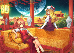 Rule 34 | 2girls, architecture, belt, bow, bracelet, couch, earth (planet), east asian architecture, female focus, hair bow, jewelry, long hair, momijigari, multiple girls, ponytail, siblings, sisters, sitting, touhou, vase, watatsuki no toyohime, watatsuki no yorihime