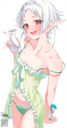 1girl absurdres artist_name babydoll blush breasts cup elf green_panties highres holding holding_cup lingerie mushoku_tensei navel open_mouth panties pointy_ears red_eyes saico_isshin short_hair small_breasts solo sylphiette_(mushoku_tensei) underwear white_background white_hair