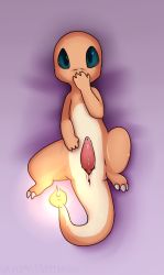 Rule 34 | 1boy, anus, artist name, black eyes, charmander, claws, covering own mouth, creatures (company), dakimakura (medium), erection, feet, fire, full body, game freak, gen 1 pokemon, hand to own mouth, hand up, looking up, lying, male focus, nintendo, no humans, on back, penis, pokemon, pokemon (creature), pokemon rgby, purple background, shiny skin, signature, simple background, solo, spread legs, tail, text focus, uncensored, vandalistpikachu