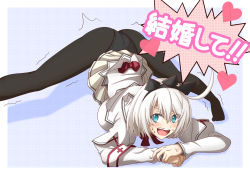 Rule 34 | ahoge, black pantyhose, blue eyes, elphelt valentine, grin, guilty gear, hasebe akira, jack-o&#039; challenge, looking at viewer, pantyhose, pleated skirt, short hair, skirt, smile, solo, sweat, sweatdrop, top-down bottom-up, translation request, white hair