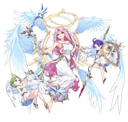 Rule 34 | 1girl, 2others, absurdres, androgynous, angel, angel wings, archangel gabriel (guardian tales), bare shoulders, blue wings, bow (weapon), bracer, breasts, diadem, dress, feathered wings, feathers, full body, game cg, guardian tales, hair ornament, halo, highres, holding, holding bow (weapon), holding weapon, long hair, looking at viewer, medium breasts, multiple others, multiple wings, no bra, official art, open mouth, parted bangs, pink hair, red eyes, seraph, shaded face, shield, smirk, transparent background, weapon, white dress, wings