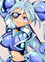 Rule 34 | 1girl, :d, arm up, azukimame, blue eyes, blue hair, breasts, earrings, eyepatch, grey background, holding, holding polearm, holding weapon, impossible clothes, jewelry, large breasts, looking at viewer, navel, open mouth, polearm, praxis (xenoblade), simple background, smile, solo, stomach, teeth, upper body, upper teeth only, weapon, xenoblade chronicles (series), xenoblade chronicles 2