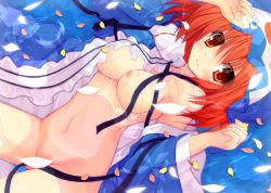 Rule 34 | 1girl, bad id, bad pixiv id, breasts, convenient censoring, hat, looking at viewer, mimi (rasy5002), open clothes, partially submerged, petals, red eyes, red hair, saigyouji yuyuko, short hair, solo, touhou
