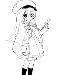 Rule 34 | 1girl, bag, blush, bow, bowtie, bright pupils, cabbie hat, commentary request, dress, feet out of frame, greyscale, hair between eyes, hat, highres, kneehighs, long hair, long sleeves, looking at viewer, mochu (aoishikabane), monochrome, original, parted lips, shoulder bag, sidelocks, simple background, socks, solo, standing, very long hair, white background