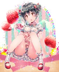 Rule 34 | 10s, 1girl, alternate costume, alternate hairstyle, angel wings, black hair, bloomers, blush, bobby socks, bow, character name, cherry print, cup, double bun, dsmile, food, food print, fruit, hair bow, heart, love live!, love live! school idol project, mary janes, open mouth, polka dot, polka dot bow, print shirt, puffy short sleeves, puffy sleeves, red eyes, shirt, shoes, short sleeves, socks, solo, strawberry, underwear, wings, yazawa nico