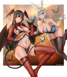 2girls animal_ears armpits bikini black_bikini black_gloves black_hair black_socks blue_eyes breasts cleavage cowboy_shot demon_tail demon_wings gloves gluteal_fold grey_hair hair_over_one_eye halloween hamakaze_(kancolle) highres isokaze_(kancolle) kantai_collection kitsune_udon_(ai_br) kneehighs leotard long_hair looking_at_viewer looking_to_the_side medium_breasts medium_hair multiple_girls navel off_shoulder open_mouth playboy_bunny rabbit_ears red_eyes red_socks smile socks swimsuit tail viagra white_gloves wings