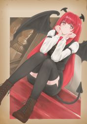 Rule 34 | 1girl, armband, black skirt, black thighhighs, black vest, boots, border, bosutonii, brown border, brown footwear, commentary request, cross-laced footwear, demon tail, demon wings, dutch angle, elbows on knees, expressionless, head in hand, head rest, head wings, highres, koakuma, light particles, long hair, long sleeves, looking at viewer, pencil skirt, red eyes, red hair, shirt, sitting, skirt, solo, stairs, tail, thighhighs, touhou, very long hair, vest, waistcoat, white shirt, wings