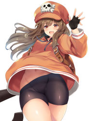 Rule 34 | 1girl, anchor symbol, arm up, backpack, bag, bike shorts, black legwear, black shorts, brown hair, buckle, cabbie hat, commentary request, cowboy shot, dress, fingerless gloves, gloves, guilty gear, hat, highres, hinata sora, long hair, long sleeves, looking at viewer, may (guilty gear), midriff peek, navel, orange dress, orange hat, red eyes, shorts, simple background, skull, solo, thighs, upskirt, white background