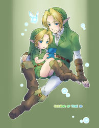Rule 34 | 2boys, blonde hair, blue eyes, boots, dual persona, earrings, fairy, handheld game console, hat, jewelry, link, male focus, multiple boys, navi, nintendo, nintendo 3ds, pointy ears, teru suzu, the legend of zelda, the legend of zelda: ocarina of time, tunic, young link