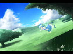 Rule 34 | 1girl, blue hair, blush, bow, bug, butterfly, cirno, closed eyes, dress, embodiment of scarlet devil, flying, hair bow, insect, landscape, letterboxed, md5 mismatch, resolution mismatch, ribbon, shiroino (shirayuki mutsuki), short hair, smile, solo, source larger, touhou