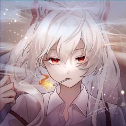 Rule 34 | 1girl, bow, cigarette, collared shirt, commentary, fujiwara no mokou, hair bow, hand up, highres, long hair, looking at viewer, portrait, red bow, red eyes, rokuya (68 zusao), shirt, signature, smoke, smoke trail, smoking, solo, suspenders, suspenders slip, touhou, two-tone bow, white bow, white hair, white shirt