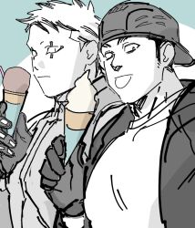Rule 34 | 2boys, :p, aikawa (dorohedoro), backwards hat, bara, colored tips, couple, dorohedoro, facial hair, facial mark, food, greyscale with colored background, hand up, hat, holding, holding food, holding ice cream, ice cream, looking at viewer, male focus, medium sideburns, multicolored hair, multiple boys, muscular, muscular male, no eyebrows, pectorals, protected link, risu (dorohedoro), sanpaku, sasaki (ssk p3), side-by-side, sideburns stubble, spot color, stubble, thick eyebrows, tongue, tongue out, unfinished, yaoi