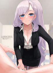 Rule 34 | 2girls, blue eyes, blush, braid, breasts, cleavage, collarbone, female pov, fingering, formal, french braid, green nails, grey hair, highres, hololive, hololive indonesia, landacdeus, large breasts, long hair, multiple girls, nail polish, pavolia reine, pencil skirt, ponytail, pov, pov crotch, pussy juice, skirt, smile, solo focus, suit, twitter logo, very long hair, virtual youtuber, yuri