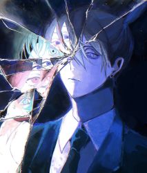 Rule 34 | 1boy, 2girls, black hair, black necktie, blue background, blue theme, chainsaw man, collared shirt, crack, cracked glass, dark background, different reflection, earrings, eeeemajikaw, eyepatch, formal, green eyes, hair between eyes, hayakawa aki, highres, himeno (chainsaw man), jewelry, looking at viewer, looking down, makima (chainsaw man), multiple girls, necktie, red eyes, reflection, shirt, short hair, simple background, stud earrings, suit, sweat, topknot, white shirt
