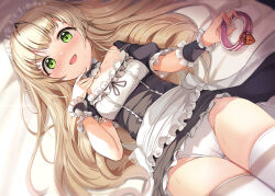 Rule 34 | :d, absurdres, apron, black dress, blonde hair, blush, cameltoe, clothes lift, collar, dress, drill hair, flat chest, green eyes, highres, holding, holding collar, j young, looking at viewer, lying, maid, maid apron, maid headdress, non-web source, on back, on bed, open mouth, original, panties, skirt, skirt lift, smile, thighhighs, twin drills, underwear, white apron, white background, white panties