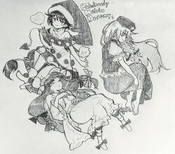 Rule 34 | 3girls, beret, braid, carbohydrate (asta4282), character name, commentary request, doremy sweet, dream soul, dress, english text, full body, greyscale, hat, highres, hong meiling, long hair, monochrome, multiple girls, nightcap, patchouli knowledge, pom pom (clothes), shirt, short hair, short sleeves, side braids, simple background, sketch, skirt, tail, tapir tail, touhou, traditional media, twin braids
