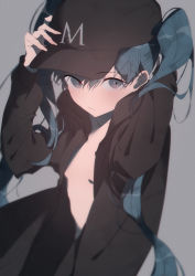 Rule 34 | 1girl, :/, baseball cap, black hat, black jacket, blue eyes, blue hair, blurry, blush, breasts, clothes lift, clothes writing, collarbone, cowboy shot, depth of field, expressionless, eyebrows visible through hat, fingernails, grey background, hair between eyes, hand on headwear, hat, hatsune miku, highres, jacket, light particles, long hair, looking away, no bra, open clothes, open jacket, simple background, sleeves past wrists, small breasts, solo, stomach, takaya riku, twintails, underboob, vocaloid