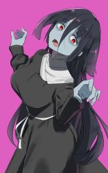 Rule 34 | 10s, 1girl, aumann, bandaged neck, bandages, black hair, breasts, colored skin, dress, hair between eyes, large breasts, long hair, looking at viewer, open mouth, outstretched arms, pink background, red eyes, simple background, solo, standing, very long hair, yamada tae, zombie, zombie land saga, zombie pose