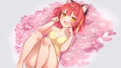 Rule 34 | 1girl, :d, animal ear fluff, animal ears, bare arms, bare shoulders, blush, breasts, camisole, cat ears, cheli (kso1564), cleavage, collarbone, commentary request, copyright request, fang, feet out of frame, grey background, hair between eyes, hands up, highres, knees up, looking at viewer, lying, medium breasts, official art, on back, open mouth, orange eyes, real life, red hair, short shorts, shorts, smile, solo, white shorts, yellow camisole