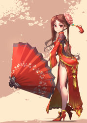 Rule 34 | 1girl, absurdres, brown hair, china dress, chinese clothes, dress, flower, from side, full body, hair flower, hair ornament, high heels, highres, holding, holding umbrella, jewelry, legs, long hair, looking at viewer, oil-paper umbrella, original, red eyes, side slit, smile, solo, splish, standing, umbrella, wide sleeves