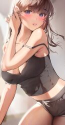 Rule 34 | 1girl, absurdres, adjusting hair, arm support, bare arms, bare shoulders, black shirt, black shorts, blue eyes, blush, body freckles, breasts, brown hair, camisole, cleavage, collarbone, dolphin shorts, freckles, grin, hair behind ear, hand up, highres, inushima, large breasts, leaning forward, long hair, midriff peek, mole, mole under mouth, original, parted lips, shirt, short shorts, shorts, smile, solo, strap slip