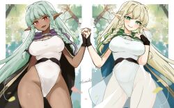 Rule 34 | 2girls, blonde hair, blush, braid, breasts, cloak, closed mouth, cowboy shot, dark-skinned female, dark skin, elf, eltolinde (unicorn overlord), fingerless gloves, gloves, green eyes, green hair, highres, holding hands, large breasts, leotard, long hair, looking at viewer, multiple girls, open mouth, pointy ears, red eyes, rosalinde (unicorn overlord), siblings, sisters, smile, twin braids, twitter username, unicorn overlord, very long hair, white leotard, yukia (firstaid0)