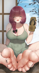Rule 34 | 1girl, barefoot, blush, bocchi the rock!, breasts, cleavage, closed eyes, feet, geta, hiroi kikuri, long hair, looking at viewer, open mouth, red hair, shoes, soles, steam, sweat, toes, unworn shoes, wd (1106592840)