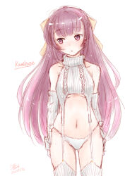 Rule 34 | 1girl, arms at sides, bow, cable knit, character name, cowboy shot, detached sleeves, facing viewer, garter straps, gluteal fold, grey garter straps, kamikaze (kancolle), kantai collection, koshigaya tatsumi, long hair, meme attire, panties, purple eyes, purple hair, ribbed legwear, ribbed panties, ribbed sleeves, ribbed sweater, ribbed thighhighs, side-tie panties, sideways glance, simple background, sleeveless, sleeveless sweater, sleeveless turtleneck, solo, standing, sweater, turtleneck, turtleneck sweater, underwear, virgin destroyer sweater, white background, white garter straps, white panties, white sweater, yellow bow
