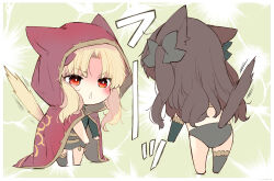 Rule 34 | 2girls, animal ears, azumi (myameco), black bow, black hair, blonde hair, bow, cape, cat ears, cat girl, cat tail, chibi, commentary, ereshkigal (fate), fate/grand order, fate (series), green background, hood, hooded cape, ishtar (fate), long hair, multiple girls, red cape, red eyes, siblings, sisters, symbol-only commentary, tail