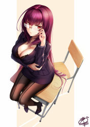 Rule 34 | 1girl, adjusting eyewear, bra, breasts, cleavage, commentary, eyewear pull, fate/grand order, fate (series), formal, frown, gae bolg (fate), glaring, glasses, high heels, highres, large breasts, long hair, long sleeves, looking at viewer, nail polish, office lady, okitakung, pantyhose, pencil skirt, pinstripe pattern, pinstripe suit, pumps, purple hair, red eyes, rimless eyewear, scathach (fate), shoes, sitting, skirt, skirt suit, solo, striped, suit, thighs, underwear, very long hair, white background