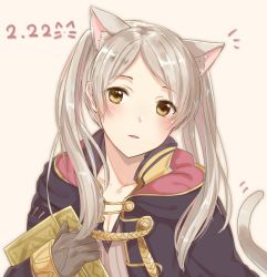 Rule 34 | 1girl, animal ears, book, brown eyes, cat day, cat ears, cat tail, fake animal ears, fire emblem, fire emblem awakening, gloves, haru (nakajou-28), holding, holding book, hood, hood down, long sleeves, nintendo, parted lips, robe, robin (female) (fire emblem), robin (fire emblem), simple background, solo, tail, twintails, upper body, white hair