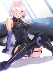 Rule 34 | 1girl, armor, armored boots, armored dress, bare shoulders, black leotard, black thighhighs, boots, breasts, elbow gloves, fate/grand order, fate (series), gloves, hair over one eye, highleg, highleg leotard, highres, knees together feet apart, large breasts, leotard, light purple hair, looking at viewer, mash kyrielight, nanahime, open mouth, purple eyes, purple gloves, revision, shield, short hair, sitting, smile, solo, thigh strap, thighhighs, thighs