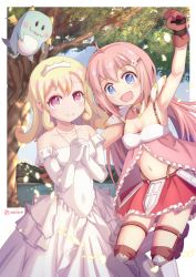 Rule 34 | 2girls, blonde hair, blue eyes, blush, breasts, chibi dragon, cleavage, covered navel, crown, dress, elbow gloves, endro!, eyebrows, gloves, hair ornament, hairclip, light rays, long hair, medium hair, midriff, multiple girls, navel, open mouth, outdoors, own hands clasped, own hands together, pink hair, purple eyes, rona pricipa o rabanesta, sky, small breasts, smile, tree, white gloves, yuria shardet, yusshii