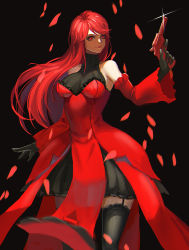 Rule 34 | 1girl, bad id, bad pixiv id, biaay002, black background, black gloves, black thighhighs, cherry blossoms, detached sleeves, dress, gloves, gun, long hair, pixiv fantasia, pixiv fantasia t, red dress, red eyes, red hair, red queen (pixiv fantasia), sleeveless, sleeveless turtleneck, smile, solo, thighhighs, turtleneck, weapon, zettai ryouiki
