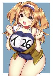 Rule 34 | 10s, 1girl, blush, breasts, brown eyes, brown hair, buta tamako, clothes writing, cowboy shot, hairband, highres, huge breasts, i-26 (kancolle), kantai collection, leaning forward, light brown hair, long hair, looking at viewer, name tag, new school swimsuit, one-piece swimsuit, open clothes, open mouth, sailor collar, school swimsuit, short sleeves, smile, solo, swimsuit, swimsuit under clothes, two-tone hairband, two side up