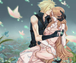 Rule 34 | 1boy, 1girl, aerith gainsborough, bare arms, belt, blonde hair, blue eyes, blue flower, breasts, brown hair, bug, butterfly, cleavage, cloud strife, couple, dress, closed eyes, field, final fantasy, final fantasy vii, final fantasy vii advent children, flower, flower field, forget-me-not (flower), gloves, hetero, high collar, highres, holding hands, insect, lifestream, long dress, long hair, pink dress, spiked hair, square enix, wakakusa-e, wavy hair