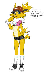 Rule 34 | 1girl, :3, animal ears, bike shorts, black footwear, blue eyes, brown hat, child, creatures (company), crop top, english text, female focus, flat chest, full body, furry, furry female, game freak, gen 1 pokemon, hand up, hat, heart, highres, jijisama, jolteon, looking at viewer, navel, nintendo, open mouth, personification, pink shirt, pokemon, pokemon (creature), shirt, shoes, short shorts, short sleeves, shorts, simple background, smile, socks, solo, standing, tail, teeth, text focus, white background, white socks