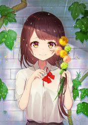 Rule 34 | 1girl, bow, flower, hair over shoulder, looking at viewer, omelet tomato, original, plant, rain, red bow, school uniform, sleeves rolled up, smile, solo, tears, upper body, wall, wet, yellow eyes