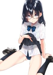 Rule 34 | 1girl, black footwear, black hair, black skirt, black socks, blue eyes, blue necktie, blue one-piece swimsuit, closed mouth, clothes lift, collared shirt, glasses, hair between eyes, kneehighs, koruri, lifting own clothes, light smile, loafers, long hair, looking at viewer, necktie, one-piece swimsuit, original, pleated skirt, school uniform, see-through, shirt, shoes, short sleeves, signature, simple background, sitting, skirt, skirt lift, socks, solo, swimsuit, swimsuit under clothes, wariza, wet, wet clothes, wet hair, white background, white shirt