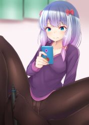 Rule 34 | 1girl, bad id, bad pixiv id, blue eyes, blurry, blush, bow, breasts, cellphone, cleavage, commentary request, depth of field, doyachii, eromanga sensei, feet, feet together, holding with feet, footjob, hair bow, highres, izumi sagiri, long hair, no shoes, panties, panties under pantyhose, pantyhose, parody, phone, pink bow, sexually suggestive, silver hair, smartphone, solo, spread legs, style parody, tablet, underwear