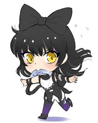 Rule 34 | 1girl, black hair, blake belladonna, bow, chibi, commentary request, fish, food in mouth, hair bow, lowres, rwby, rwby chibi, solo, yellow eyes