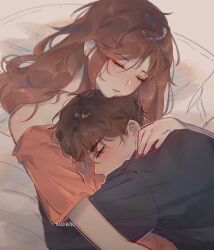 Rule 34 | 1boy, 1girl, artem wing (tears of themis), bed, black shirt, brown hair, closed eyes, closed mouth, commentary, earrings, english commentary, from above, highres, hug, jewelry, long hair, long sleeves, lying, maybisu, nail polish, on back, on side, orange shirt, red nails, rosa (tears of themis), shirt, short hair, short sleeves, sleeping, tears of themis